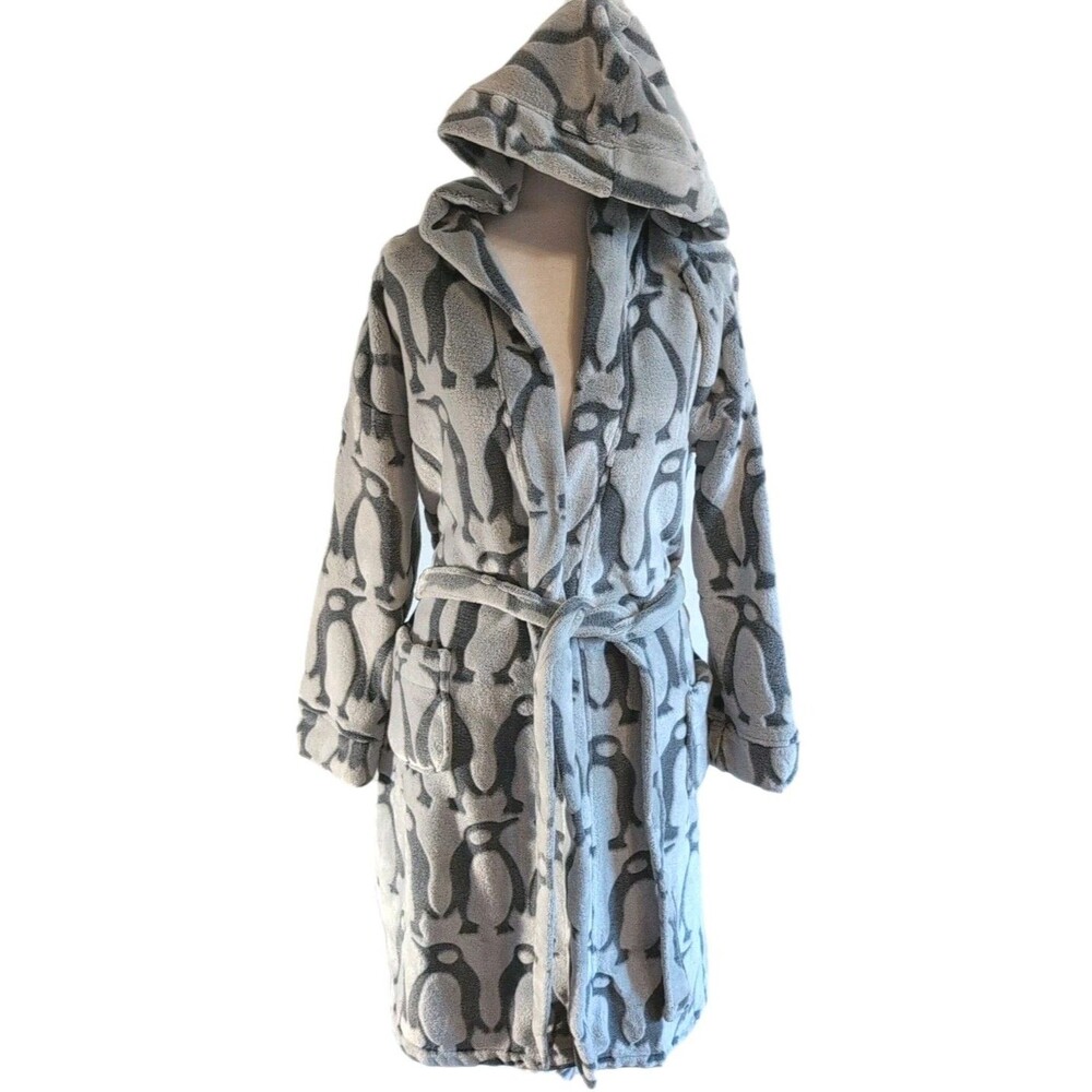 Vera Bradley Plush Fleece S/M Hooded Bath Robe Penguin Print Cozy Loungewear EUC